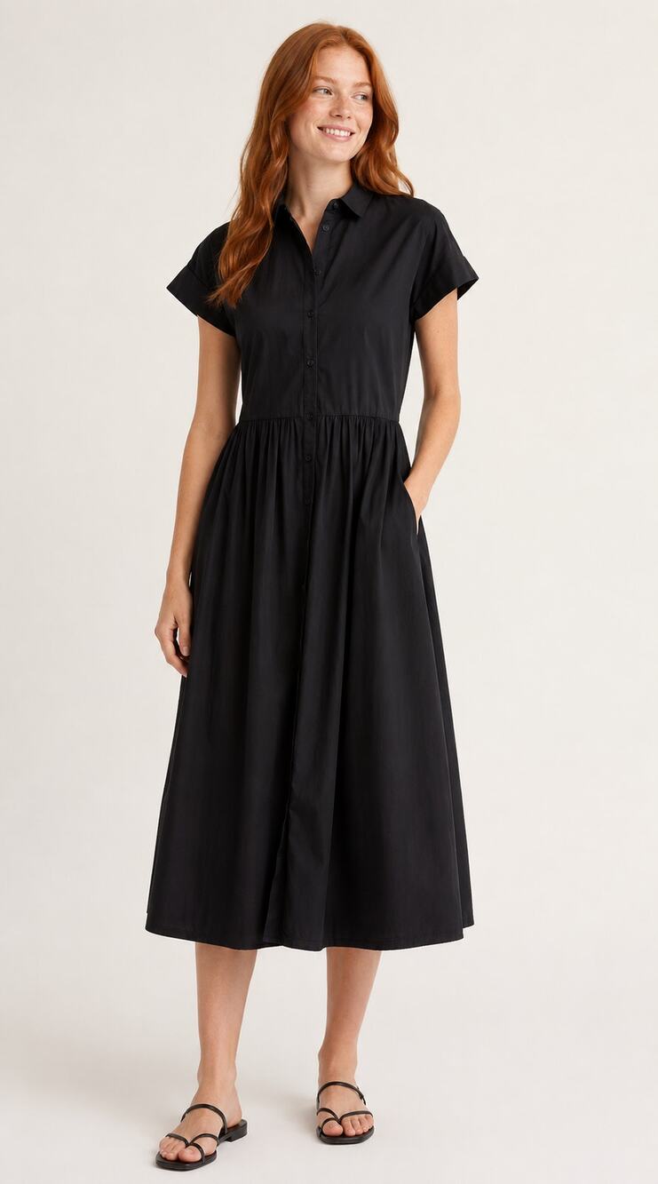 Nordstrom Drop Waist Button Front Cotton Midi Dress Black Womens Size Medium New